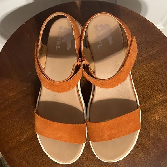 🔥🔥 SOREL Womens Cameron Flatform Orange Ankle Strap Sandals Sz 10 - EUC