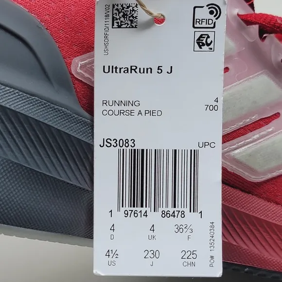 Adidas Mahomes Ultrarun 5 GS JS3083 Team Power Red 2 Kids Size 4.5 Runnig New