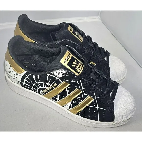 Adidas Women's Superstar Star Wars Death Star Black/White /Gold Sneaker Size 5