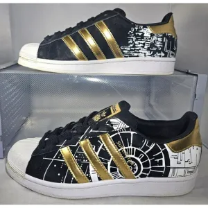 Adidas Women's Superstar Star Wars Death Star Black/White /Gold Sneaker Size 5