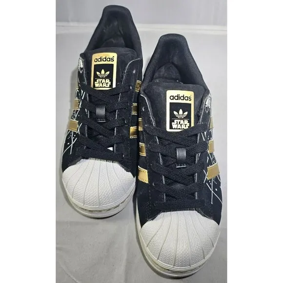 Adidas Women's Superstar Star Wars Death Star Black/White /Gold Sneaker Size 5