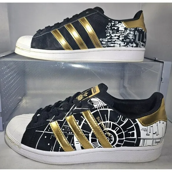 Adidas Women's Superstar Star Wars Death Star Black/White /Gold Sneaker Size 5