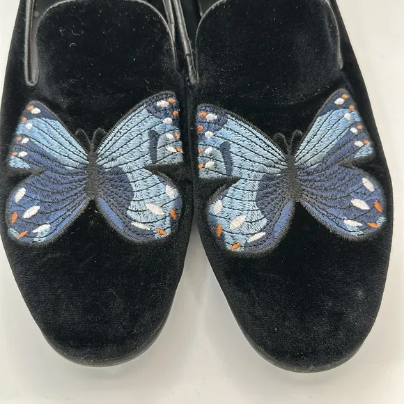Aldo men’s Chaoswen embroidered butterfly black velvety slip-on shoes, size 7.5