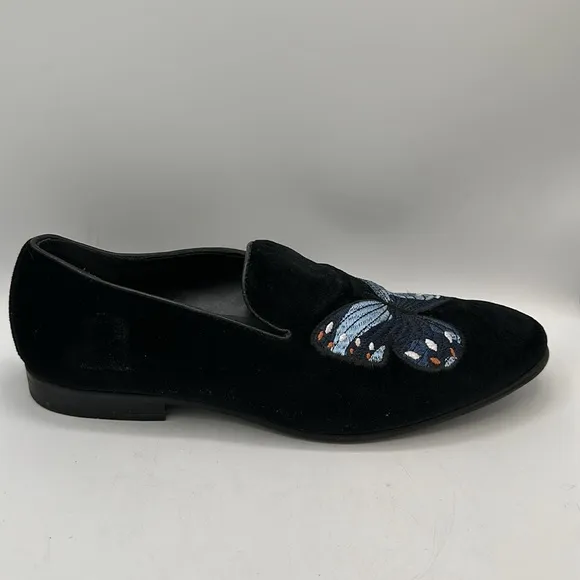 Aldo men’s Chaoswen embroidered butterfly black velvety slip-on shoes, size 7.5