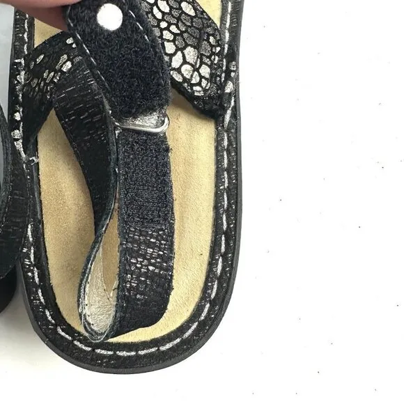Alegria Verona Sandal 37 Black Silver Metallic Leather Slip On Shoes Womens