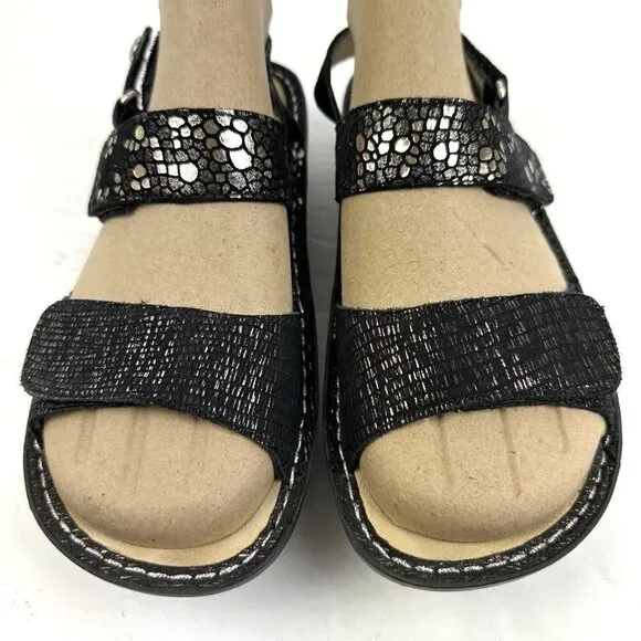 Alegria Verona Sandal 37 Black Silver Metallic Leather Slip On Shoes Womens