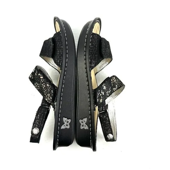 Alegria Verona Sandal 37 Black Silver Metallic Leather Slip On Shoes Womens