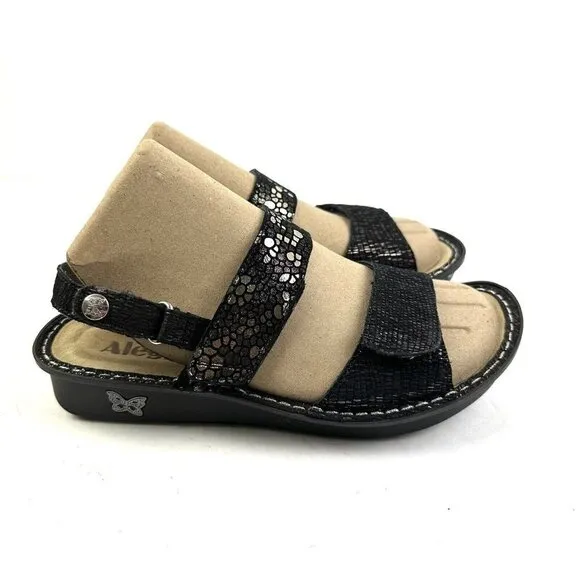 Alegria Verona Sandal 37 Black Silver Metallic Leather Slip On Shoes Womens