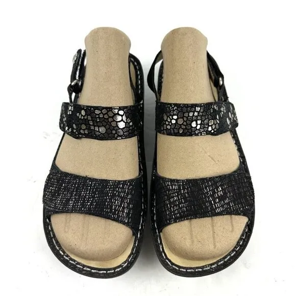 Alegria Verona Sandal 37 Black Silver Metallic Leather Slip On Shoes Womens