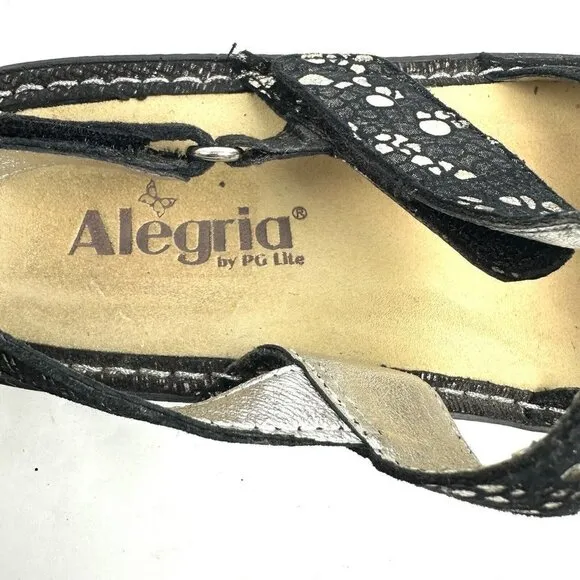 Alegria Verona Sandal 37 Black Silver Metallic Leather Slip On Shoes Womens