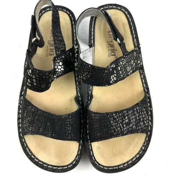 Alegria Verona Sandal 37 Black Silver Metallic Leather Slip On Shoes Womens