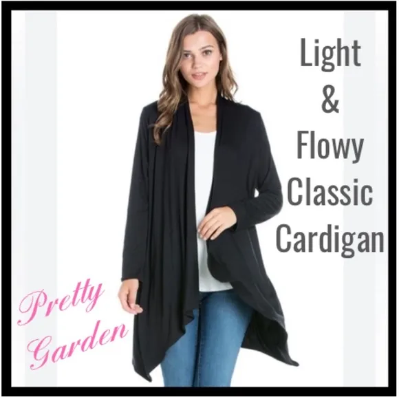 All Season Knit Cardigan Light Weight Flowy Pretty Garden Black Size Medium