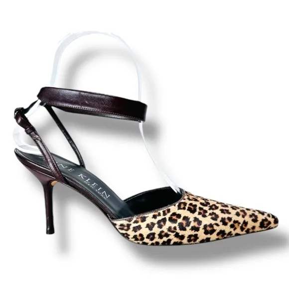 Anne Klein Leopard Print Calf Hair Kitten Heels Ankle Strap Point Toe, Brown, 7N