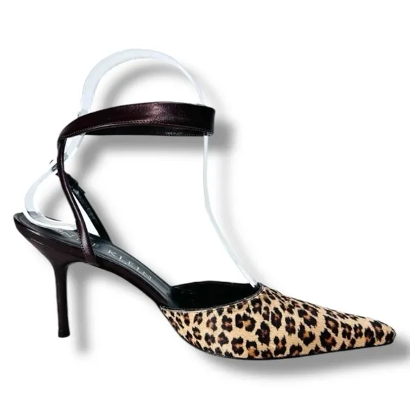 Anne Klein Leopard Print Calf Hair Kitten Heels Ankle Strap Point Toe, Brown, 7N