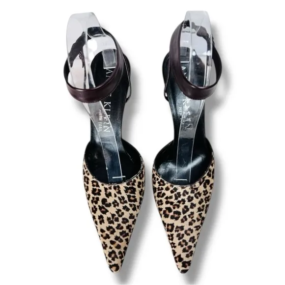 Anne Klein Leopard Print Calf Hair Kitten Heels Ankle Strap Point Toe, Brown, 7N