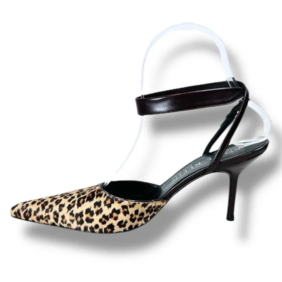 Anne Klein Leopard Print Calf Hair Kitten Heels Ankle Strap Point Toe, Brown, 7N