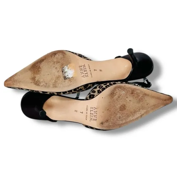 Anne Klein Leopard Print Calf Hair Kitten Heels Ankle Strap Point Toe, Brown, 7N