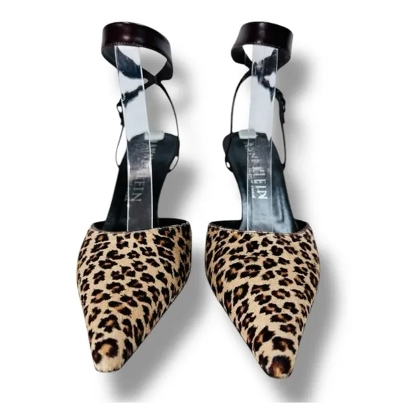 Anne Klein Leopard Print Calf Hair Kitten Heels Ankle Strap Point Toe, Brown, 7N