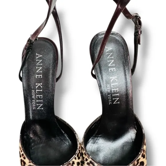 Anne Klein Leopard Print Calf Hair Kitten Heels Ankle Strap Point Toe, Brown, 7N