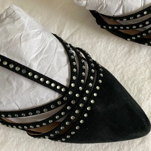 Anthropologie Pointed T-Strap Black Suede Rhinestone Heels