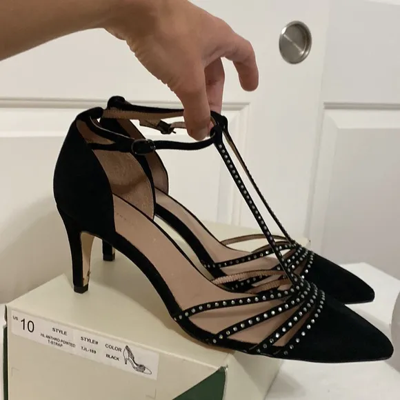 Anthropologie Pointed T-Strap Black Suede Rhinestone Heels