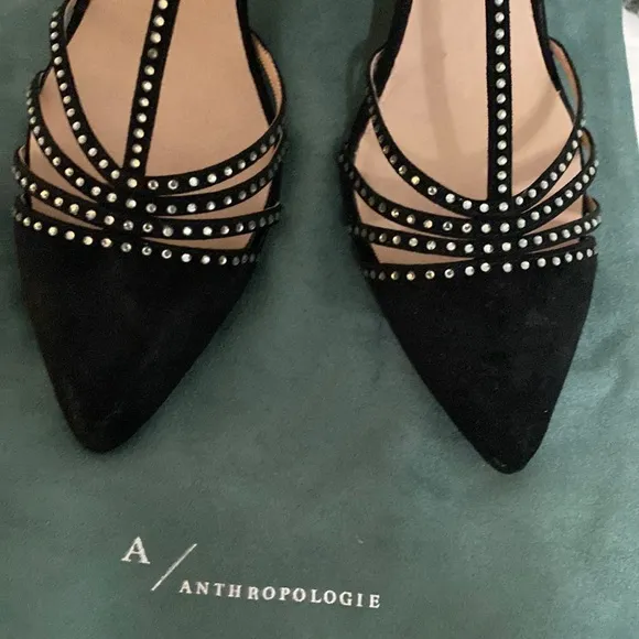 Anthropologie Pointed T-Strap Black Suede Rhinestone Heels