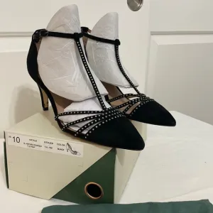 Anthropologie Pointed T-Strap Black Suede Rhinestone Heels