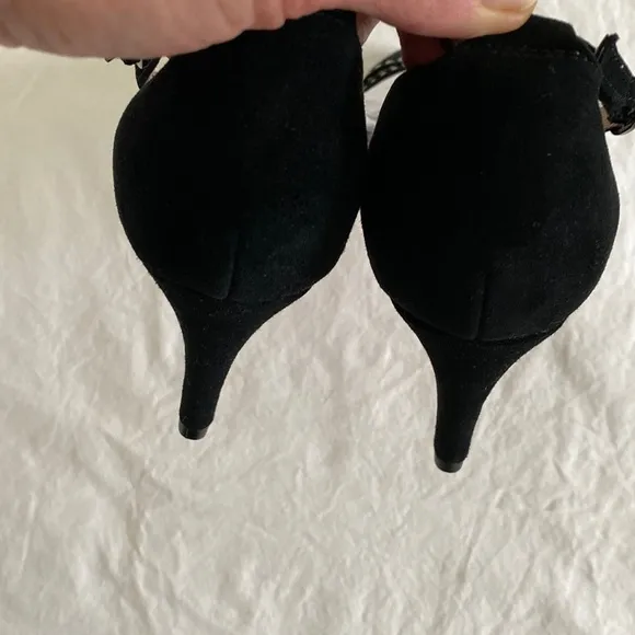 Anthropologie Pointed T-Strap Black Suede Rhinestone Heels