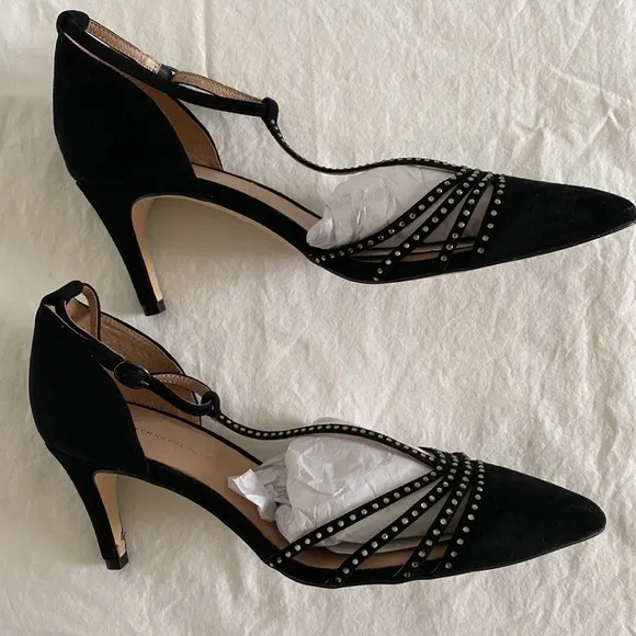 Anthropologie Pointed T-Strap Black Suede Rhinestone Heels