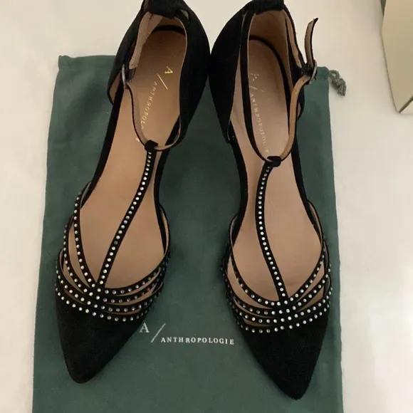 Anthropologie Pointed T-Strap Black Suede Rhinestone Heels