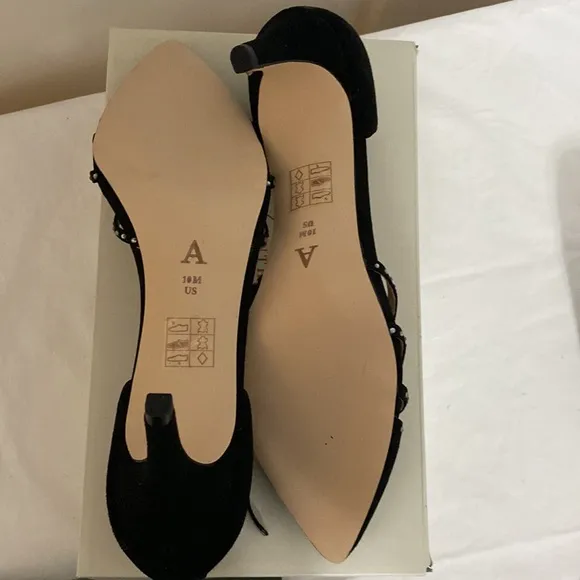 Anthropologie Pointed T-Strap Black Suede Rhinestone Heels