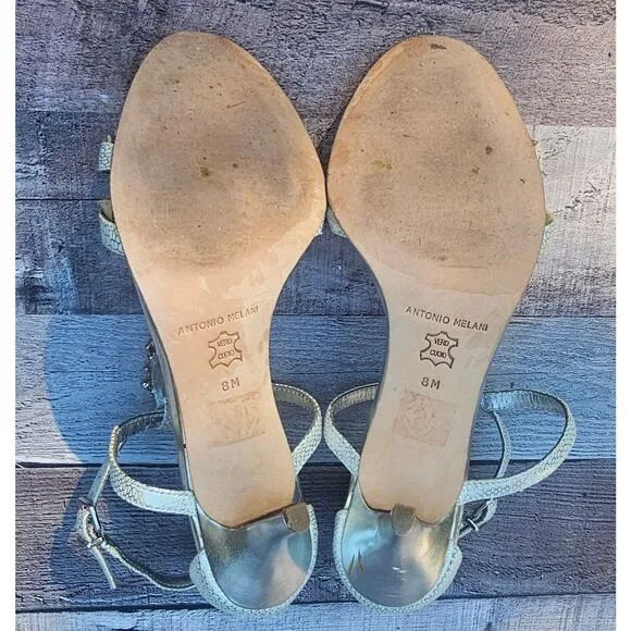 ANTONIO MELANI Silver Crystal Rhinestone T-Strap Heels Sandals Shoes Women's 8M