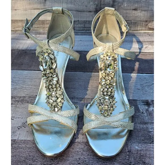 ANTONIO MELANI Silver Crystal Rhinestone T-Strap Heels Sandals Shoes Women's 8M