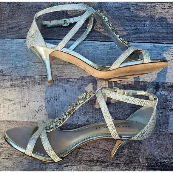 ANTONIO MELANI Silver Crystal Rhinestone T-Strap Heels Sandals Shoes Women's 8M
