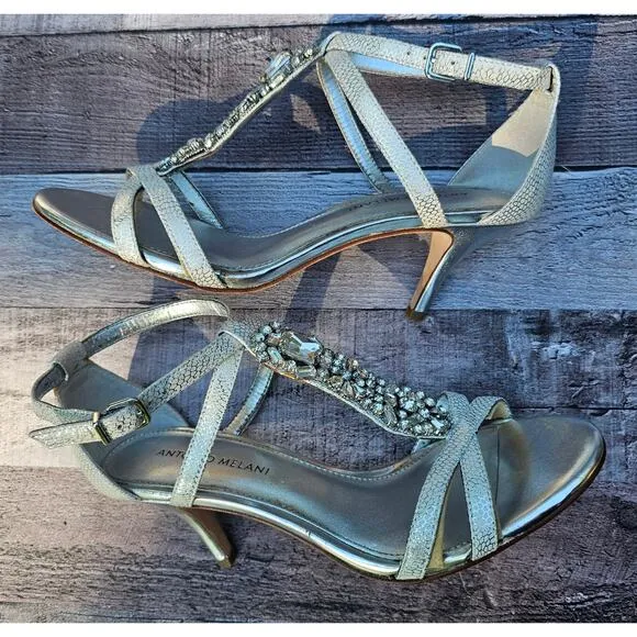 ANTONIO MELANI Silver Crystal Rhinestone T-Strap Heels Sandals Shoes Women's 8M