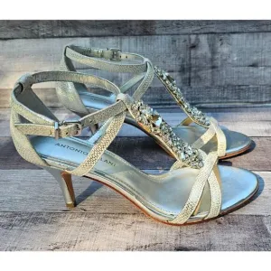 ANTONIO MELANI Silver Crystal Rhinestone T-Strap Heels Sandals Shoes Women's 8M