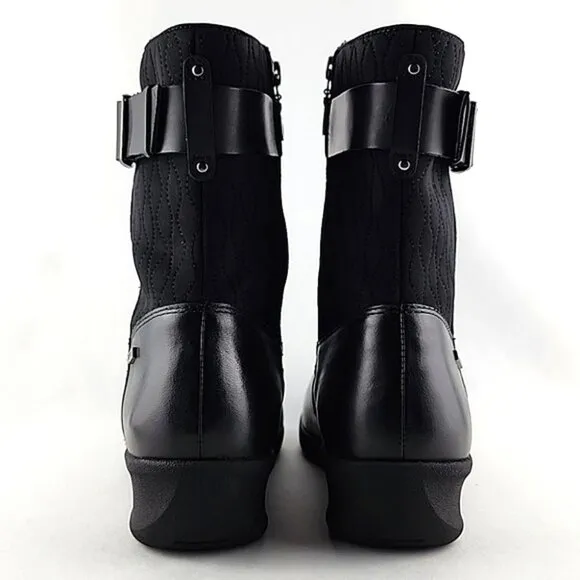 Aravon Women's Black Waterproof Leather Short Wedge Boots Buckle Strap Size 11