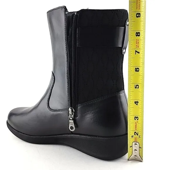 Aravon Women's Black Waterproof Leather Short Wedge Boots Buckle Strap Size 11