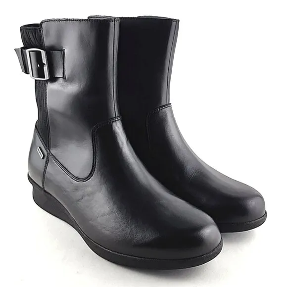 Aravon Women's Black Waterproof Leather Short Wedge Boots Buckle Strap Size 11
