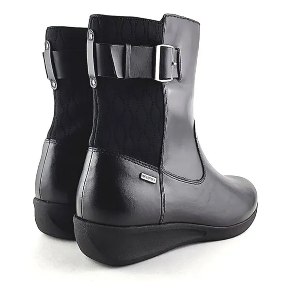 Aravon Women's Black Waterproof Leather Short Wedge Boots Buckle Strap Size 11