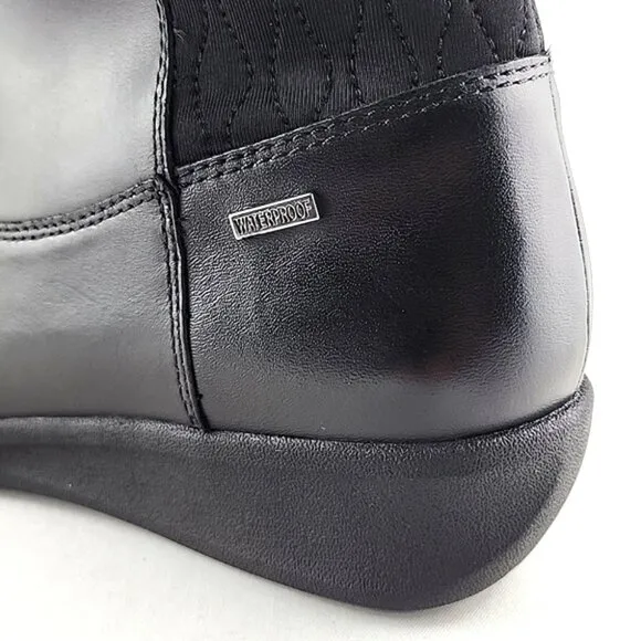 Aravon Women's Black Waterproof Leather Short Wedge Boots Buckle Strap Size 11