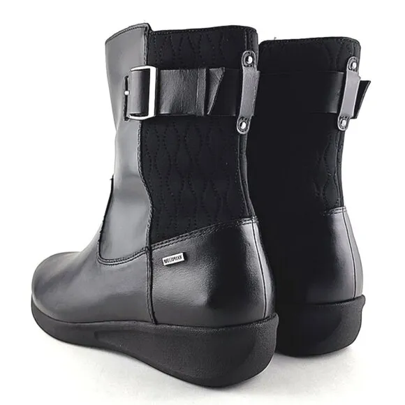 Aravon Women's Black Waterproof Leather Short Wedge Boots Buckle Strap Size 11