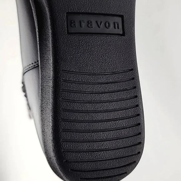 Aravon Women's Black Waterproof Leather Short Wedge Boots Buckle Strap Size 11
