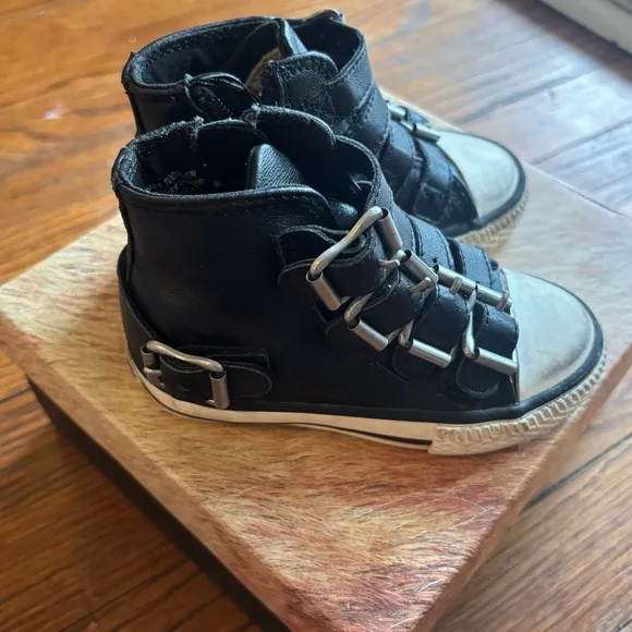 ASH Kids Black High-Top Leather Sneakers Black Buckles Toddler shoe casual sz 6