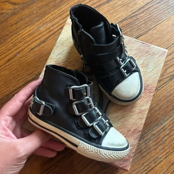ASH Kids Black High-Top Leather Sneakers Black Buckles Toddler shoe casual sz 6