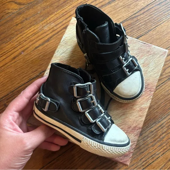 ASH Kids Black High-Top Leather Sneakers Black Buckles Toddler shoe casual sz 6