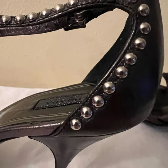 Authenticate Prada Studded Ankle Strap Heels, Black, Size 39-1/2/9, GUC
