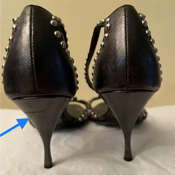 Authenticate Prada Studded Ankle Strap Heels, Black, Size 39-1/2/9, GUC