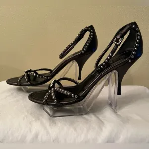 Authenticate Prada Studded Ankle Strap Heels, Black, Size 39-1/2/9, GUC