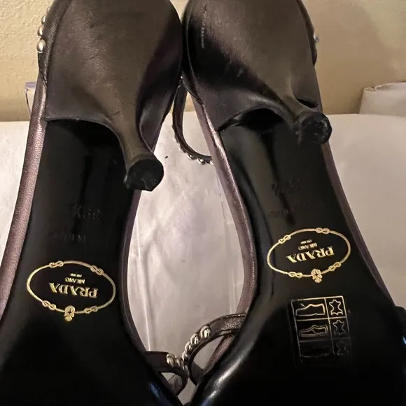 Authenticate Prada Studded Ankle Strap Heels, Black, Size 39-1/2/9, GUC